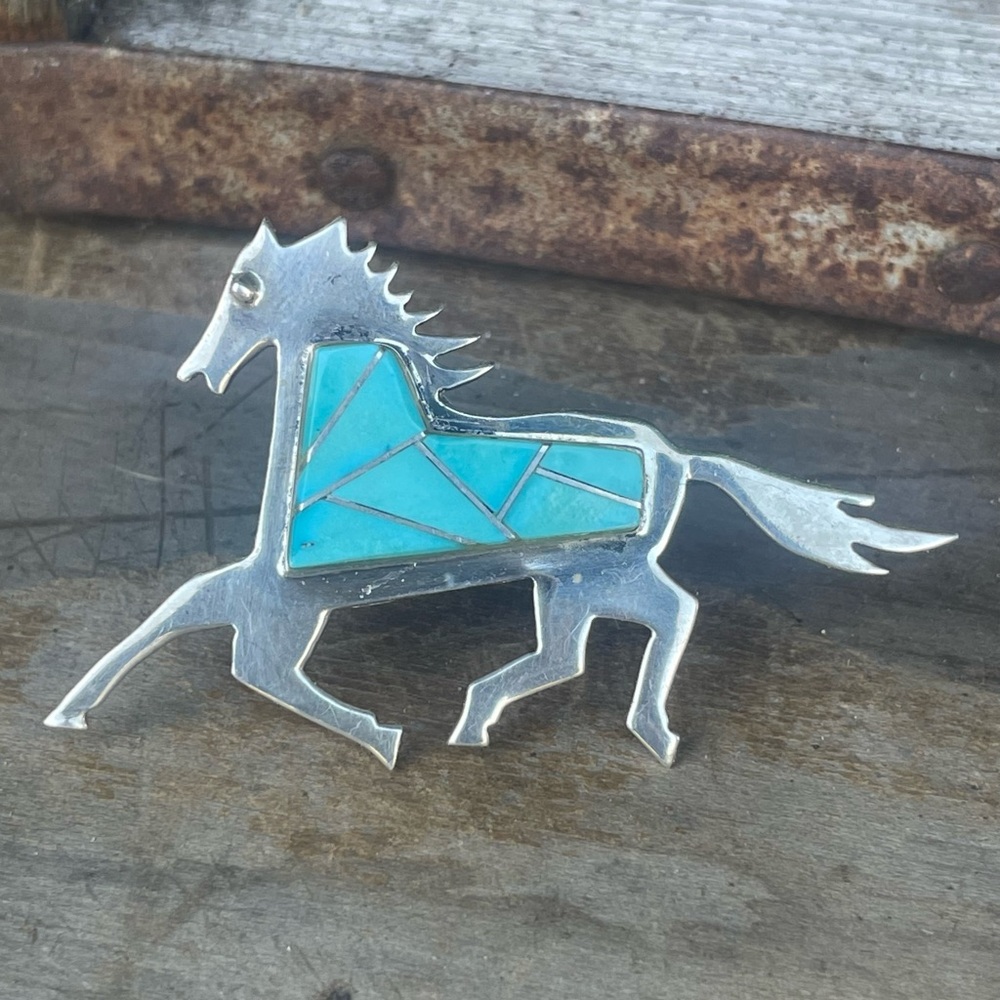 Signed JE Zuni Inlay Turquoise Mustang Running Horse Pin Sterling